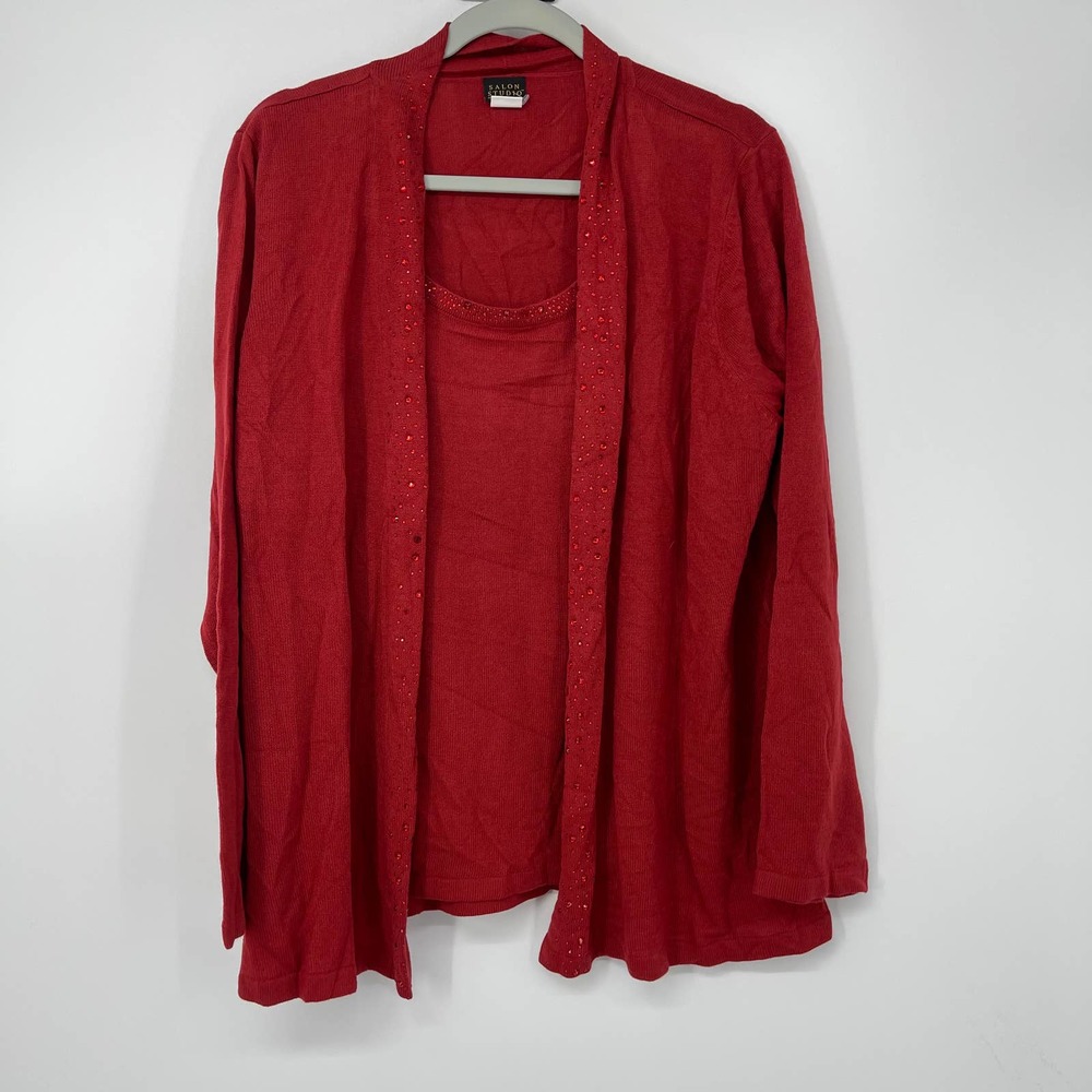 SALON STUDIO RED ONE PIECE CARDIGAN STYLE EMBELLISHED SWEATER SIZE XL